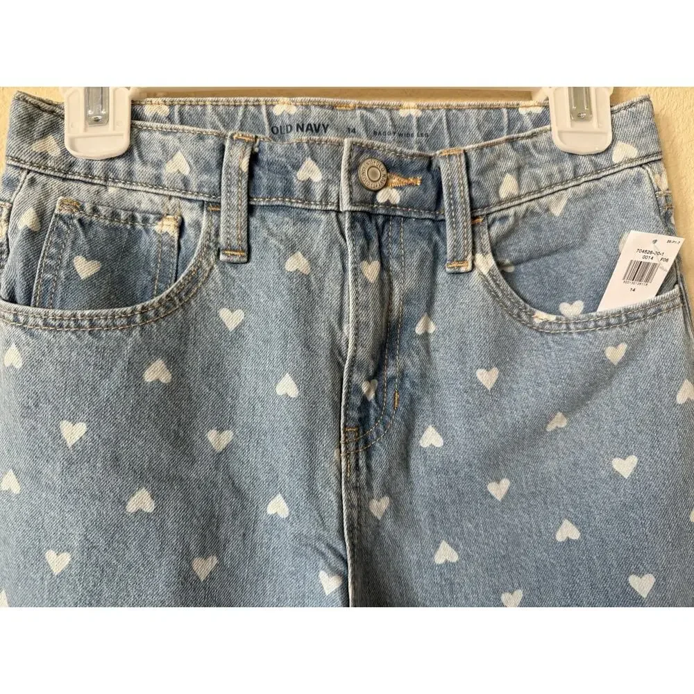 Old Navy Heart Printed High Waisted Baggy Wide Leg Girls Jeans Pants Size 14